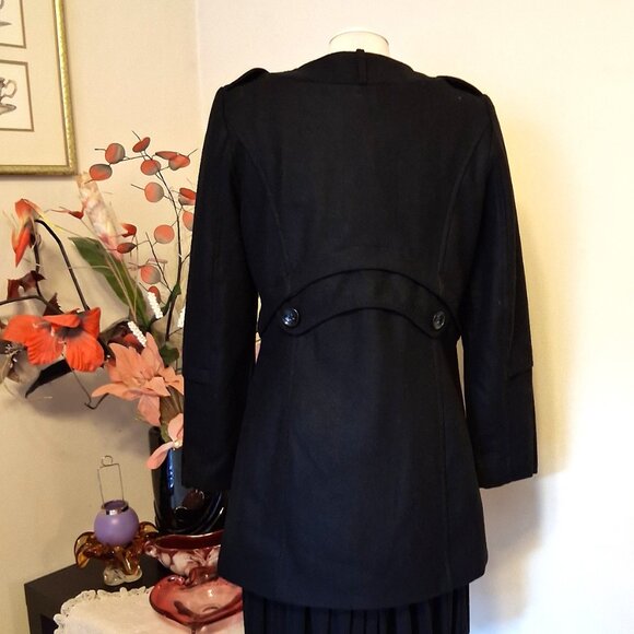 NWT 2 Two Women's Black Double Breasted Wool Blend Lined Winter Pea Coat - Picture 6 of 15